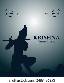 Vector krishna janmashtami greeting card design with holding flute illustration.