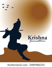 Vector krishna janmashtami greeting card design with holding flute illustration.