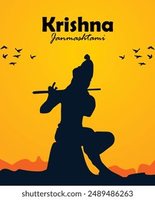 Vector krishna janmashtami greeting card design with holding flute illustration.