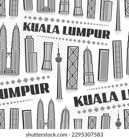 Vector Kuala Lumpur Seamless Pattern, repeating background with illustration of asian city scape on white background for wrapping paper, monochrome line art urban poster with black text kuala lumpur