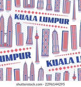 Vector Kuala Lumpur Seamless Pattern, repeating background with illustration of modern city scape on white background for wrapping paper, decorative line art urban poster with blue text kuala lumpur