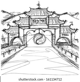 Vector Kung Fu Concept. Sketch background with china