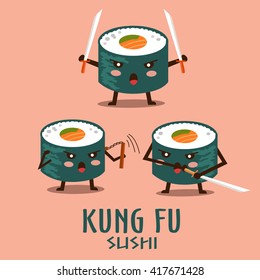 Vector kung fu sushi characters illustration set.