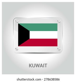 Vector Kuwait Flag glass plate with metal holders - Country name label in bottom - Gray background vector illustration