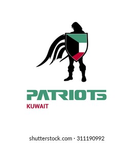 Vector Kuwait Flag Patriots Soldier Logo. Mascot Character Design. Memorial Day Army man with Shield. Vector Freedom Leader Logo illustration