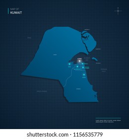 Vector Kuwait map illustration with blue neon lightpoints - triangle on dark blue gradient background. Administrative divisions, cities, borders, capital. Neon tech background with glow. 