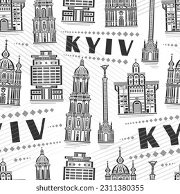 Vector Kyiv Seamless Pattern, square repeating background with illustration of famous european kyiv city scape on white background for bed linen, monochrome line art urban poster with black text kyiv
