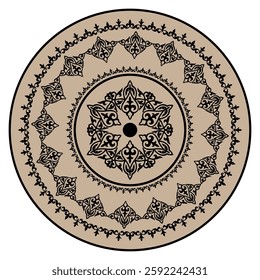 Vector Kyrgyz round ornament. Elements of ornament, motives of Turkic peoples, Kazakhs, Kyrgyz, Mongols. Islamic, Arabic, Indian, Ottoman motives. For plate, embroidery, sandblasting. Round frame.