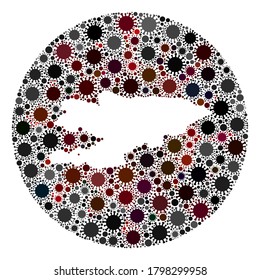 Vector Kyrgyzstan map collage of flu virus. Infection attacks the isolated territory from outside. Stencils round Kyrgyzstan map collage designed with infection elements.