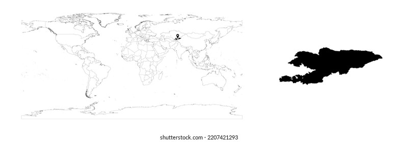 Vector Kyrgyzstan map showing country location on world map and solid map for Kyrgyzstan on white background. File is suitable for digital editing and prints of all sizes.