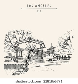 Vector LA, California, USA postcard. Hand drawn vintage Los Angeles poster. Old plaza in historical Spanish quarter - El Pueblo de Los Angeles near Our Lady of Los Angeles church