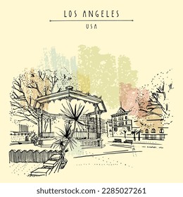 Vector LA, California, USA postcard. Hand drawn vintage Los Angeles poster. Old plaza in historical Spanish quarter - El Pueblo de Los Angeles near Our Lady of Los Angeles church