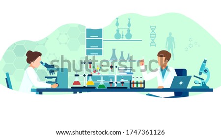 Vector of lab researchers studying new virus working in a lab with a microscope and tools of laboratory. 