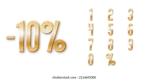 Vector label with 10 percent sale discount. Set of ten isolated metallic numbers with a golden glitter for advertising design or web banners