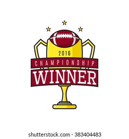 Vector label of american football winner. Logo of championship winner with golden cup. Vector illustration.
