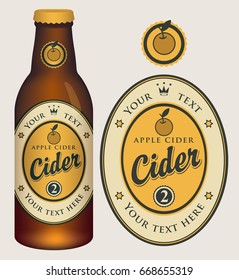 Vector label for apple cider with crown and inscription in oval frame. Template label for cider and neck label on glass bottle with cap in retro style.