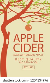 Vector label for apple cider with decorative apple tree and fruit in retro style on beige background