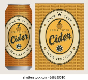 Vector label for apple cider in an oval frame with an apple and a crown on basket background. Template label for cans cider in retro style.