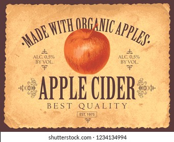 Vector label for apple cider with realistic image of an apple in retro style on the old paper background