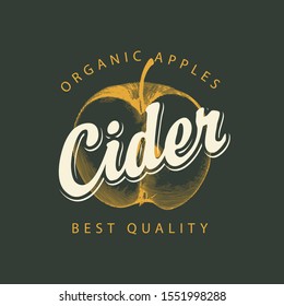Vector label for Apple cider with a realistic image of half an apple and calligraphic inscription on a black background in retro style