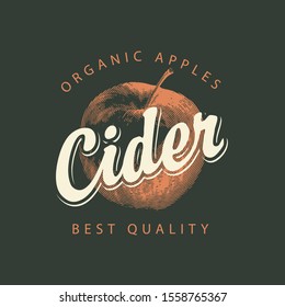 Vector label for Apple cider with a realistic image of an apple and calligraphic inscription on a black background in retro style