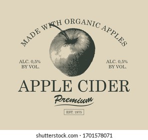 Vector label for Apple cider with a realistic image of an apple and inscriptions. Monochrome illustration in retro style.