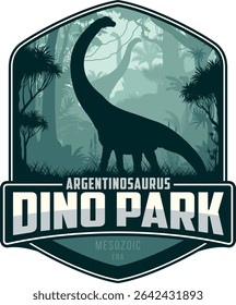 Vector label with Argentinosaurus in jungle	