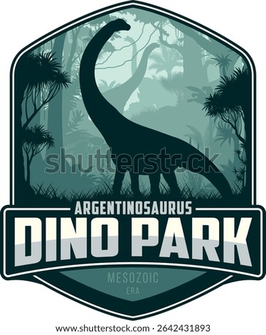 Vector label with Argentinosaurus in jungle	