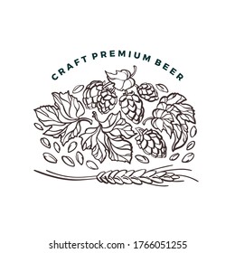 Vector label. Art line graphic design. Beer ingredient of twig of hop, wheat grain, seed. Hand draw circle illustration. Craft sketch, ink pattern. Organic natural beverage