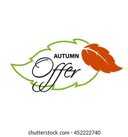 Vector label of Autumn offer.  Natural symbol with leaf for autumn sale. Nature icon.