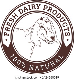 Vector label or badge and design elements with ink pen sketch image of a goat head. Indian milky goat emblem for fresh dairy products labeling.