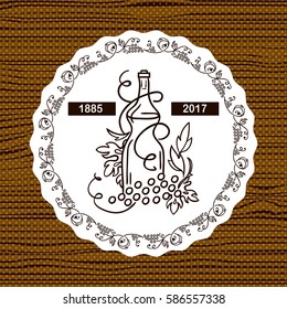 Vector label, banner for alcohol product, wine or beverage. Different ornate elements of vine, bottles, glasses, wave, grapes on timber background. Suitable for wine menu, lists