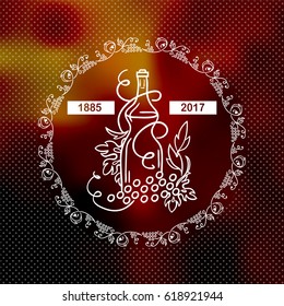Vector label, banner for alcohol product, wine or beverage. Different ornate elements of vine, bottles, grapes, white silhouette line on dark red background.  New elements for wine menu, lists