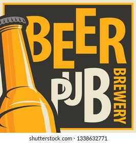 Vector label or banner for beer pub and brewery, with beer bottle in retro style