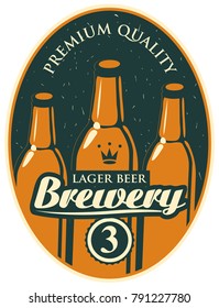 Vector label or banner for the brewery, with a calligraphic inscription and three beer bottles on old paper background in oval frame