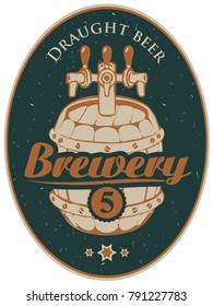 Vector label or banner for the brewery, with a calligraphic inscription and a wooden beer barrel on old paper background in oval frame