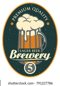 Vector label or banner for the brewery, with calligraphic inscription and with a overflowing glass of frothy beer on old paper background in oval frame