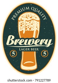 Vector label or banner for the brewery, with calligraphic inscription and with a overflowing glass of frothy beer on old paper background in oval frame