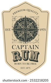 Rótulo de vetor ou banner com a inscrição Captain Rum e as palavras Born to be free. O vento antigo desenhado à mão subiu em um fundo escuro com mapa em estilo grunge.