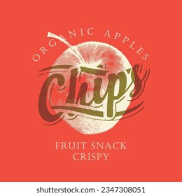 vector label banner packaging for apple chips with realistic drawing of apple with the logo writing the word chips