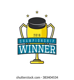 Vector label of basketball winner. Logo of championship winner with golden cup. Vector illustration.