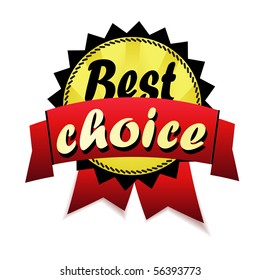 Vector label best choice with red ribbon on gold background