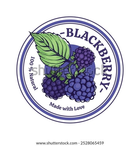 Vector label of a blackberry product. Hand drawn line illustration with color. Sticker design for products made of blackberry, natural and fresh
