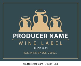 Vector label for bottle of wine with a picture of three clay pitchers in retro style