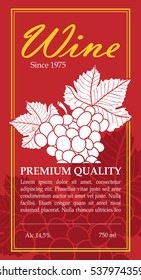 vector label for a bottle of wine with red background, white grapes and golden border