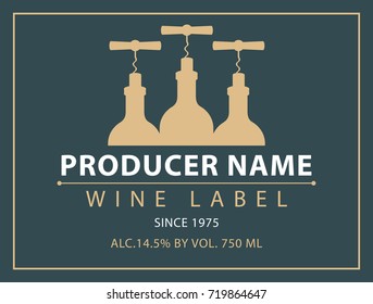 Vector label for bottle of wine with three bottles and corkscrews in retro style