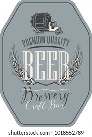 Vector label for brewery and craft beer with a handwritten inscription, wheat ears and a vintage truck car with a big wooden barrel in retro style