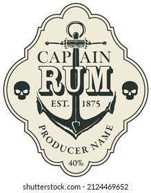 Vector label for Captain RUM, decorated with an old ship anchor and human skulls in a curly frame. Monochrome label, price tag or sticker in retro style, isolated on a white background