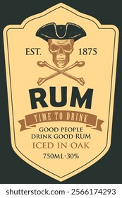 Vector label with the Captain Rum. Hand-drawn human skull in a pirate hat and crossbones on a light background with in retro style.