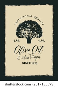 vector label with cardboard texture for olives or olive oil with olive tree design in retro style. Suitable for designing logo, sticker, banner
